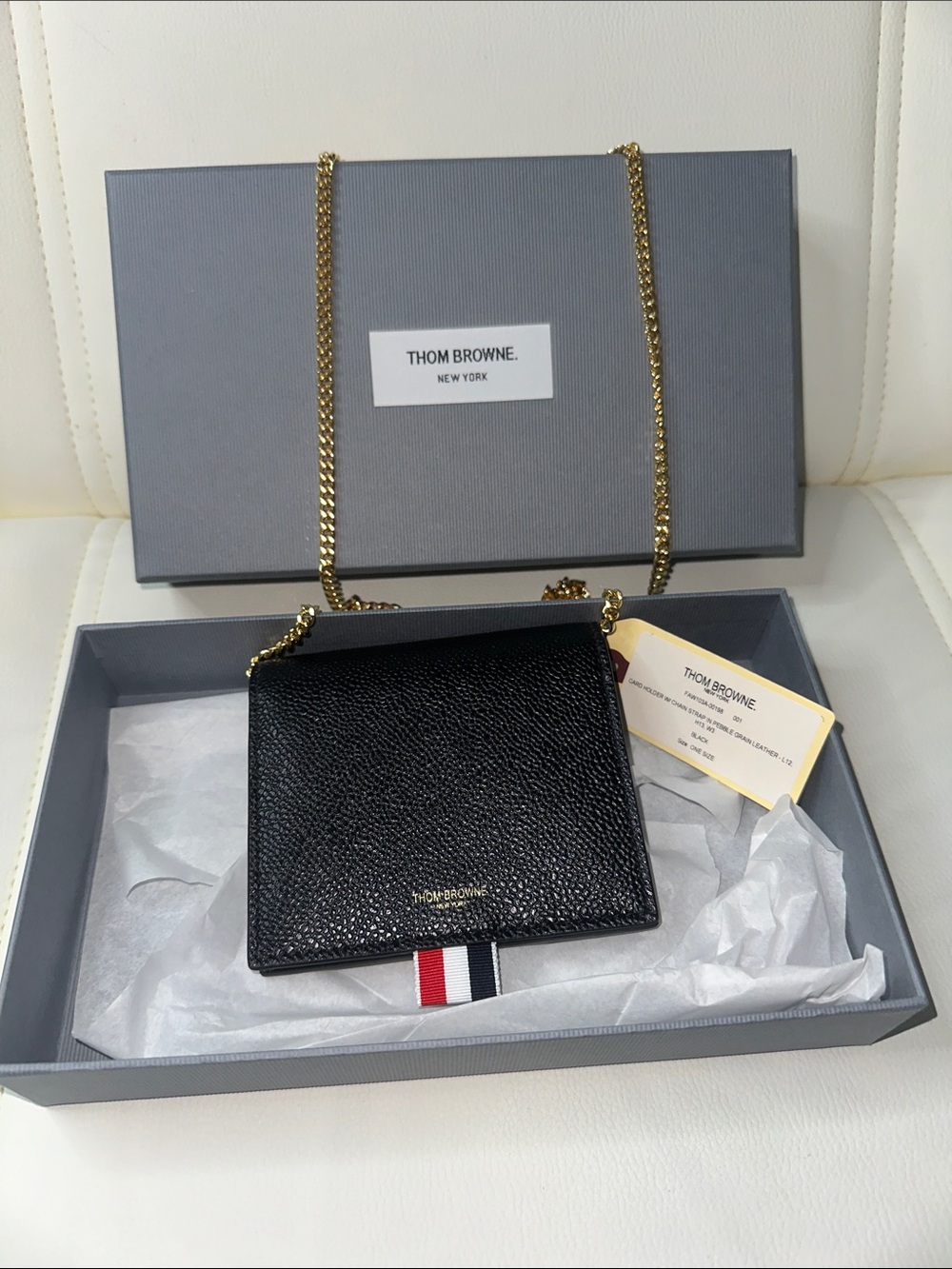 Thom Browne Black Pebbled Leather Crossbody Wallet with Tricolor Tab